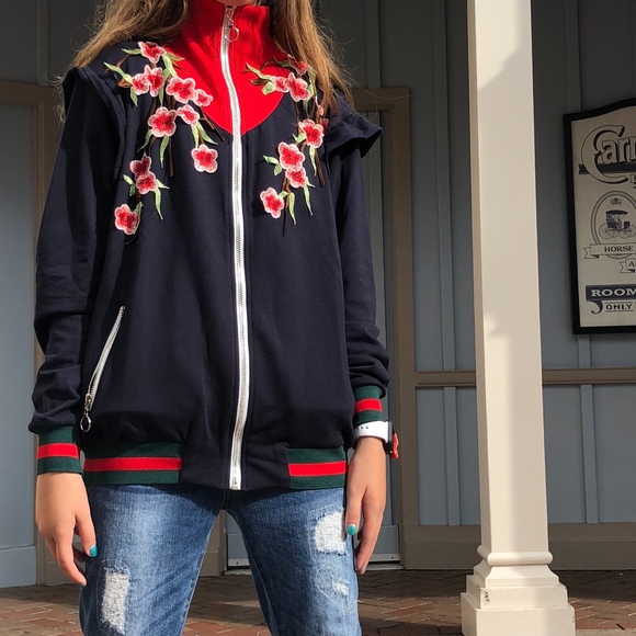Kate C Jackets & Blazers - Blue Embroidered Floral Track Jacket Zip Hoodie